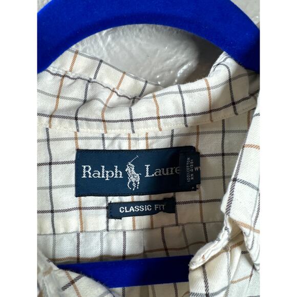 Ralph Lauren Cream Plaid Classic Fit Long Sleeve Button‎ Down Shirt Size Large - Picture 3 of 4